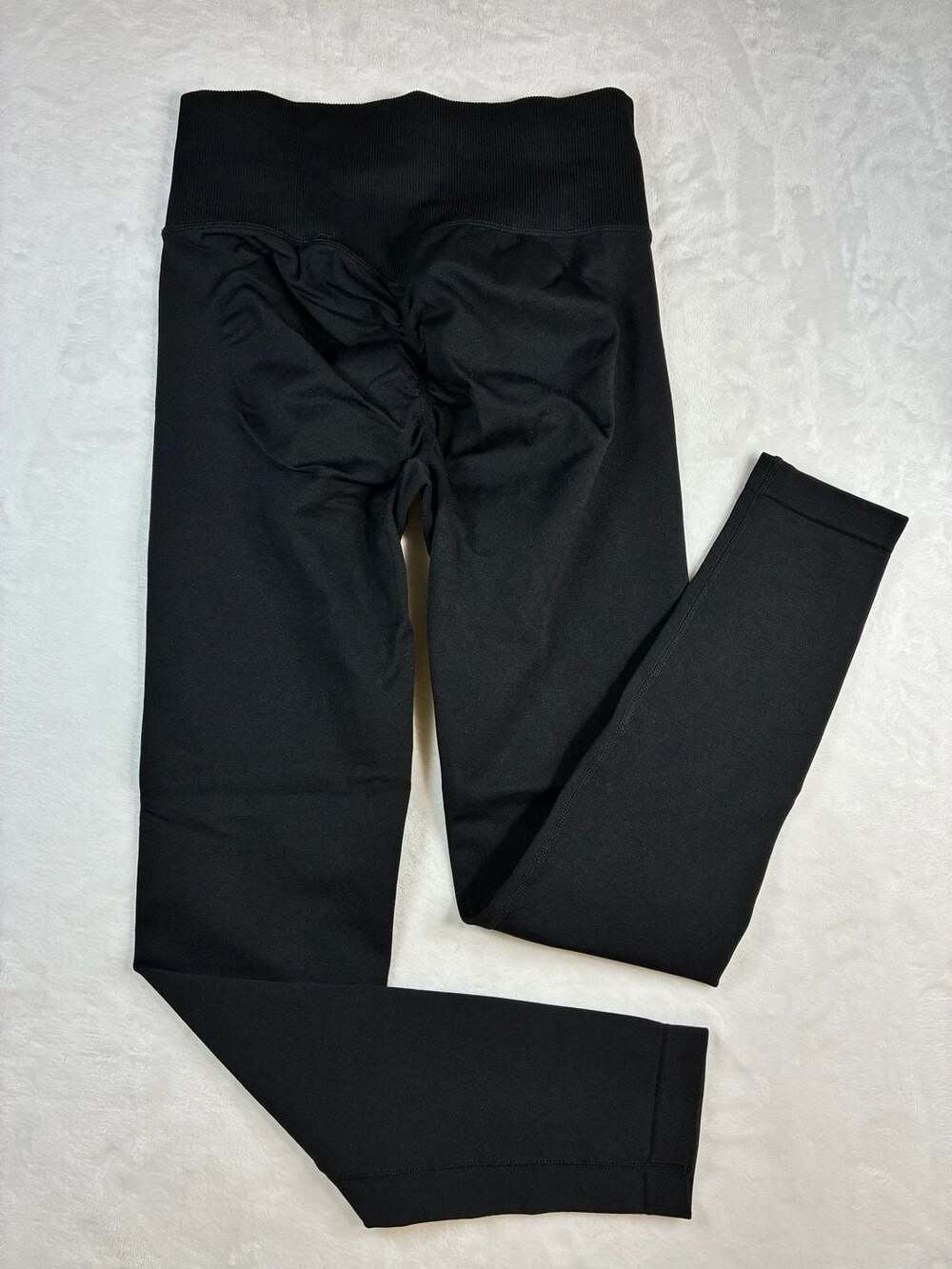 Black Size S Nylon Spandex Gathered Ruched Seam Leggings, unbranded